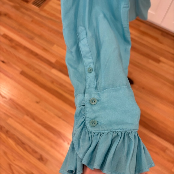 J Crew Collection Silk Blue Button Down Ruffled Blouse, Size 10 - Picture 3 of 9